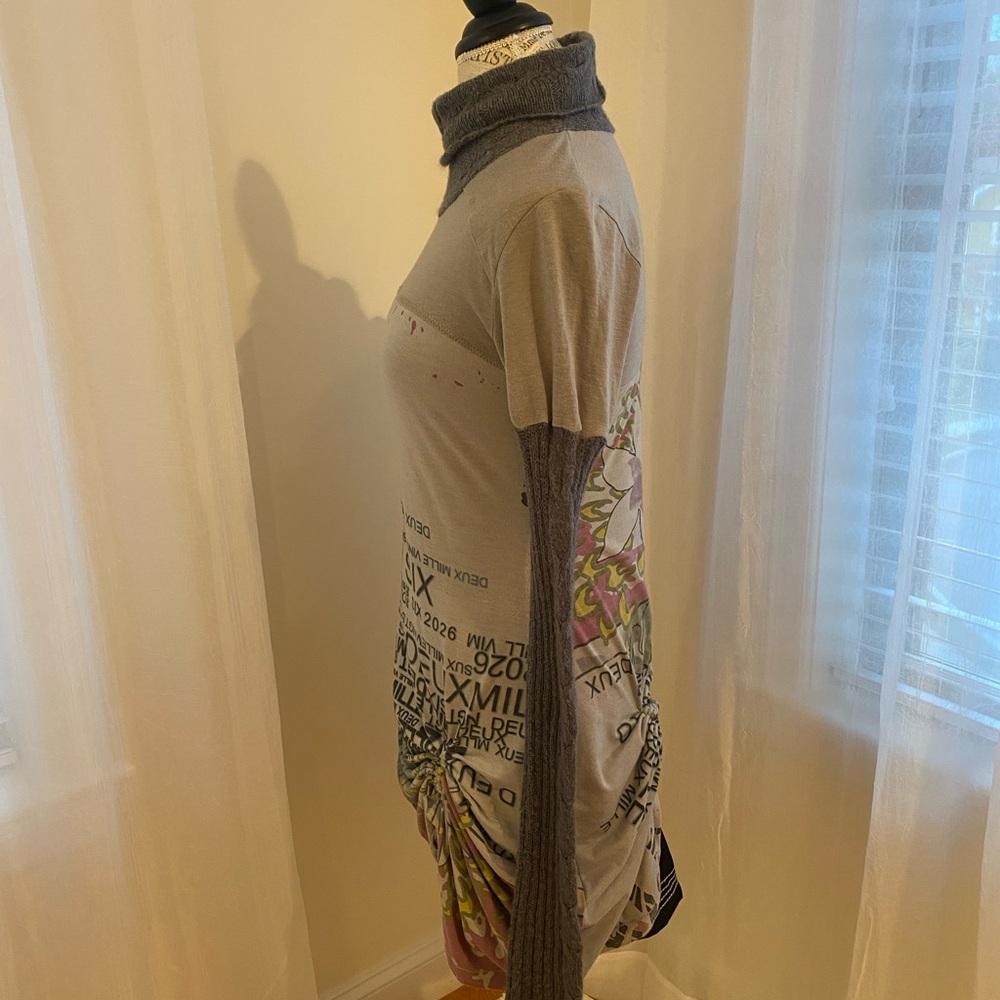 Artistic Long Sleeve Tunic Cotton Dress with Graphic Design Knit Sleeves/Collar - Picture 4 of 7